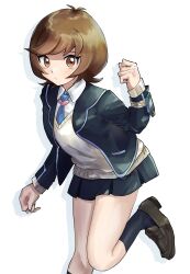Rule 34 | 1girl, :/, absurdres, antenna hair, black jacket, black skirt, black socks, brown eyes, brown footwear, brown hair, cardigan, closed mouth, collared shirt, drop shadow, hand up, heart, highres, jacket, leg up, loafers, long sleeves, miniskirt, nataro 1116, open clothes, open jacket, pleated skirt, shirt, shoes, short hair, simple background, skirt, socks, solo, standing, standing on one leg, white background, white shirt, yellow cardigan, yu-gi-oh!, yu-gi-oh! vrains, zaizen aoi