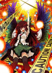 Rule 34 | 1girl, arm cannon, arm up, armpits, bow, brown hair, caution tape, danmaku, duplicate, female focus, fire, from below, hair bow, hand up, highres, long hair, looking at viewer, minamura haruki, multicolored wings, pointing, red eyes, reiuji utsuho, solo, thighhighs, touhou, weapon, wings, zettai ryouiki