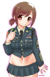 Rule 34 | 1girl, adapted costume, badge, black necktie, blush, brown eyes, brown hair, collared shirt, cowboy shot, cropped jacket, ebifly, fingernails, green jacket, green skirt, hand up, jacket, long sleeves, looking at viewer, medal, midriff, military, military uniform, navel, necktie, original, outline, pink outline, pleated skirt, ponytail, shirt, short hair, simple background, skirt, smile, solo, twitter username, uniform, white background, wing collar