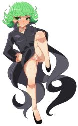Rule 34 | 1girl, black dress, blush, breasts, censored, closed mouth, collarbone, curly hair, dress, embarrassed, full body, green eyes, green hair, hand on own hip, high heels, leg up, legs, looking to the side, matching hair/eyes, no panties, one-punch man, pussy, pussy juice, short hair, simple background, small breasts, solo, tatsumaki, uenoshita sayuu, white background