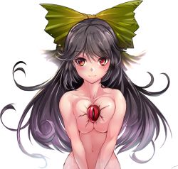 Rule 34 | 1girl, bad id, bad twitter id, black hair, blush, bow, breasts, collarbone, dikko, green bow, hair bow, large breasts, long hair, looking at viewer, nude, red eyes, reiuji utsuho, simple background, smile, solo, touhou, upper body, v arms, white background