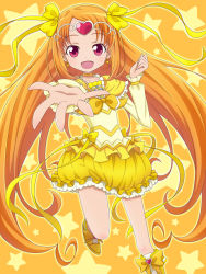 Rule 34 | 10s, 1girl, boots, bow, brooch, bubble skirt, choker, circlet, cure muse, cure muse (yellow), dress, frills, hair ribbon, heart, highres, jewelry, knee boots, long hair, magical girl, orange background, orange hair, outstretched hand, pikuharu, precure, red eyes, ribbon, shirabe ako, skirt, smile, solo, star (symbol), starry background, suite precure, yellow dress, yellow skirt, yellow theme