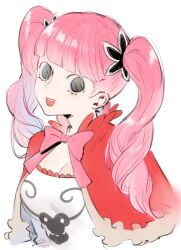 Rule 34 | 1girl, black eyes, blunt bangs, capelet, drill hair, eyelashes, looking at viewer, one piece, open mouth, perona, pink hair, pink ribbon, raine (acke2445), red capelet, ribbon, shirt, simple background, smile, solo, twintails, white background, white shirt