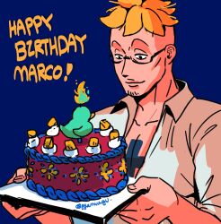 Rule 34 | 1boy, absurdres, blonde hair, blue background, cake, commentary request, facial hair, food, ggamwagu, glasses, goatee stubble, happy birthday, highres, holding, holding plate, male focus, marco (one piece), one piece, plate, shirt, short hair, simple background, smile, solo, stubble, upper body, white shirt