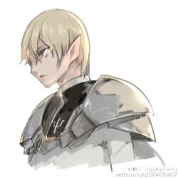 Rule 34 | 1girl, armor, blonde hair, bodysuit, character request, claymore (series), cropped torso, grey eyes, kumako (pixiv4171671), pauldrons, pointy ears, shoulder armor, sketch, solo, watermark, web address, weibo watermark, white background