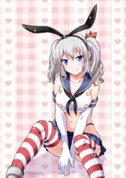 Rule 34 | 1girl, bare shoulders, black panties, blue eyes, blue skirt, blush, breasts, cleavage, collarbone, cosplay, crop top, elbow gloves, gloves, hair ornament, hairband, heart, heart background, highleg, highleg panties, kantai collection, kashima (kancolle), large breasts, looking at viewer, miniskirt, navel, panties, pleated skirt, sailor collar, shimakaze (kancolle), shimakaze (kancolle) (cosplay), short hair, silver hair, sitting, skirt, smile, solo, sparkle, striped clothes, striped thighhighs, thighhighs, tomokichi, twintails, twitter username, underwear, v arms, white gloves