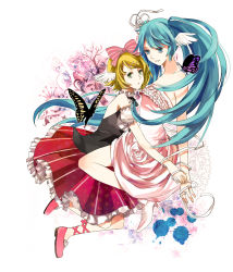 Rule 34 | 2girls, aqua eyes, aqua hair, bad id, bad pixiv id, bare shoulders, blonde hair, bow, bug, butterfly, dress, green eyes, hair bow, hair ornament, hairclip, hatsune miku, head wings, insect, kagamine rin, long hair, multiple girls, strapless, strapless dress, twintails, very long hair, vocaloid, wings, yoyo (frost xxs)