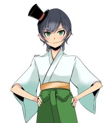 Rule 34 | 10s, 1girl, artist name, black hair, blush, commentary request, ears visible through hair, furisode, green eyes, grin, hakama, hakama skirt, hands on own hips, hat, isetta, japanese clothes, kantai collection, kimono, long sleeves, looking at viewer, matsukaze (kancolle), meiji schoolgirl uniform, mini hat, mini top hat, short hair, simple background, skirt, smile, solo, top hat, wavy hair, white background, wide sleeves