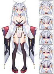 Rule 34 | 1girl, :&lt;, :3, ^ ^, ahoge, animal ears, bare shoulders, bell, black thighhighs, blush, breasts, choker, cleavage, closed eyes, closed mouth, collarbone, ears down, empty eyes, expressions, fang, female focus, fox ears, fox girl, fox tail, full body, grey hair, groin, hair between eyes, hair intakes, hair ornament, happy, heart, heart in eye, heterochromia, highres, indie virtual youtuber, japanese clothes, jingle bell, jpeg artifacts, kimono, large breasts, long hair, long sleeves, looking at viewer, multiple views, neck bell, no panties, nose blush, obi, off shoulder, official art, open mouth, platform footwear, purple eyes, red choker, red eyes, red footwear, sad, sandals, sash, shiny skin, short kimono, sidelocks, simple background, smile, standing, straight-on, symbol in eye, tail, tears, thighhighs, turn pale, umou (may65879), very long hair, virtual youtuber, white background, white kimono, wide sleeves, ye qing (vtuber)
