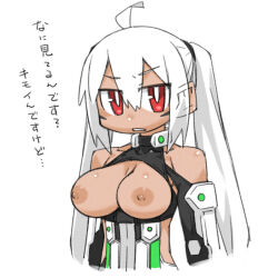 Rule 34 | 1girl, ahoge, breasts, breasts out, cannsk, clothing cutout, commentary request, dark-skinned female, dark skin, facial mark, halterneck, large breasts, nipples, phantasy star, phantasy star online 2, protagonist (pso2), red eyes, shoulder cutout, solo, translation request, turtleneck, twintails, white hair