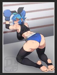 Rule 34 | 1girl, ahoge, aqua hair, ass, ass grab, back, black background, black border, black bow, black eyeliner, black sports bra, black thighhighs, blue hair, body blush, border, bow, boxing gloves, boxing ring, boxing shorts, breasts, bridal legwear, difman, dyed ahoge, elbow gloves, exhausted, eyeliner, feet, foot blush, gloves, gradient background, grey background, grey border, hanging, hanging breasts, heavy breathing, highres, huge breasts, knee pads, looking back, makeup, medium bangs, midriff, mole, mole on foot, mole under eye, multicolored hair, on floor, original, short hair, short shorts, shorts, shoulder blades, signature, soles, solo, sports bra, stirrup legwear, sweat, thick thighs, thighhighs, thighs, toeless legwear, toes, two-tone hair, wedgie, white border, yellow eyes
