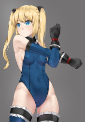 Rule 34 | 1girl, absurdres, black gloves, black ribbon, blonde hair, blue eyes, blue leotard, blue one-piece swimsuit, blue thighhighs, breasts, casperrin, commentary request, cowboy shot, dead or alive, dead or alive 5, detached sleeves, frilled leotard, frilled thighhighs, frills, gloves, grey background, hair ornament, hair ribbon, highres, leotard, long hair, marie rose, one-piece swimsuit, ribbon, simple background, small breasts, solo, stretching, swimsuit, thighhighs, twintails, x hair ornament