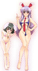 Rule 34 | 2girls, 846-gou, :p, animal ears, bad id, bad pixiv id, barefoot, between breasts, bikini, black hair, breasts, covered erect nipples, detached collar, feet, female focus, groin, highres, inaba tewi, large breasts, leaning forward, long hair, micro bikini, multiple girls, necktie, purple hair, rabbit ears, red eyes, red necktie, reisen udongein inaba, short hair, swimsuit, toes, tongue, tongue out, touhou