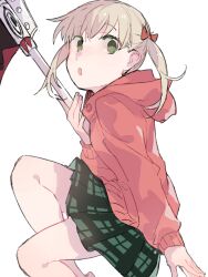 Rule 34 | 1girl, blonde hair, bow, caddy cyd, green eyes, hair bow, highres, holding, holding scythe, holding weapon, hood, hoodie, looking at viewer, maka albarn, miniskirt, pink hoodie, plaid, plaid skirt, red bow, scythe, skirt, solo, soul eater, twintails, weapon
