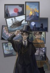 Rule 34 | 2boys, adjusting clothes, adjusting headwear, black coat, black hair, black headwear, black jacket, black necktie, black pants, book, brown eyes, building, castle, church, city lights, cloud, cloudy sky, coat, drawing (object), fingernails, full moon, glasses, grey background, hat, highres, holding, holding book, jacket, klein moretti, looking at viewer, looking back, lord of the mysteries, maikelaien, moon, mountain, multiple boys, necktie, night, night sky, ocean, pants, parted lips, pendulum, red moon, red star, shaded face, ship, shirt, short hair, simple background, sky, smile, star (symbol), table, teeth, top hat, watercraft, white shirt