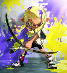 Rule 34 | 1girl, bike shorts, black shorts, blonde hair, blunt bangs, boots, bow (weapon), braid, closed mouth, colored eyelashes, commentary request, eyelashes, floating hair, full body, glint, highres, holding, holding bow (weapon), holding weapon, inkling, inkling girl, inkling player character, long hair, looking at viewer, moroi, nintendo, paint in hair, paint on clothes, paint splatter, paint splatter on face, pointy ears, shirt, short shorts, short sleeves, shorts, side braid, signature, single braid, smile, smirk, solo, splatoon (series), splatoon 3, standing, t-shirt, tentacle hair, tri-stringer (splatoon), v-shaped eyebrows, wall, weapon, white footwear, white shirt, yellow eyes