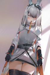 Rule 34 | 1girl, arknights, belt, black gloves, black thighhighs, blush, clothes lift, dress, dress lift, frostnova (arknights), gloves, grey eyes, hair between eyes, hair ornament, highres, long hair, looking at viewer, one eye covered, ru zhai, silver hair, simple background, solo, standing, thighhighs, white dress