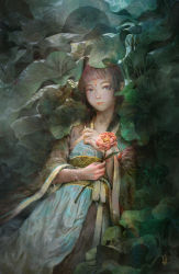 Rule 34 | 1girl, absurdres, blind, blue eyes, borrowed character, chinese clothes, closed mouth, facing viewer, flower, highres, holding, holding flower, light smile, lily pad, lips, long hair, mu dan, nham nguyen, original, red flower, red lips, solo