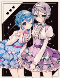 Rule 34 | 2girls, ao (ao0 0nemu), bad id, bad twitter id, black background, blue dress, blue eyes, blue hair, border, braid, breasts, center frills, closed mouth, commentary request, cowboy shot, dorothy west, dress, frilled skirt, frills, green eyes, grey hair, grin, hair between eyes, hand up, heart, highres, idol clothes, long sleeves, looking at viewer, maid headdress, multiple girls, one eye closed, open mouth, pretty series, pripara, puffy sleeves, purple dress, shikyoin hibiki, shirt, short hair, side braid, skirt, small breasts, smile, standing, v, white border, white shirt