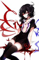 Rule 34 | 1girl, absurdres, artist name, asymmetrical wings, bad id, bad pixiv id, black choker, black dress, black hair, black thighhighs, blood, blue wings, breasts, bug, butterfly, center frills, choker, collarbone, cuts, dress, earrings, feet out of frame, frills, hair between eyes, highres, houjuu nue, injury, insect, jewelry, looking at viewer, neck ribbon, open clothes, open dress, open mouth, red eyes, red neckwear, red ribbon, red wings, ribbon, sheya, short dress, short sleeves, signature, simple background, sitting, small breasts, smile, solo, thighhighs, thighs, touhou, undone neck ribbon, white background, wings, wristband, zettai ryouiki