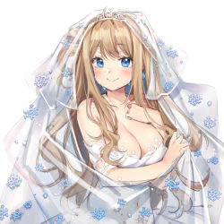 Rule 34 | 1girl, bare shoulders, blue eyes, blush, breasts, bridal veil, cleavage, covered navel, douya (233), dress, girls&#039; frontline, large breasts, looking at viewer, official alternate costume, smile, snowflake print, solo, suomi (blissful mission) (girls&#039; frontline), suomi (girls&#039; frontline), upper body, veil, wedding dress, white background, white dress