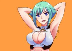 Rule 34 | 1girl, absurdres, aquarion (series), aquarion evol, armpits, arms behind head, bad id, bad pixiv id, blue eyes, breasts, cleavage, cleavage cutout, clothing cutout, crop top, fang, green hair, hair ribbon, highres, large breasts, midnight (midnightstream3), open mouth, orange background, ribbon, simple background, smile, solo, upper body, zessica wong