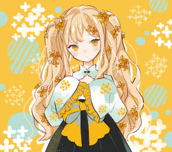 Rule 34 | 1girl, blonde hair, blush, flower, frilled sleeves, frills, hair flower, hair ornament, myaco9, original, osmanthus, sidelocks, sleeves past wrists, solo, twintails, wide sleeves, yellow eyes, yellow flower