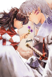 Rule 34 | 1boy, 1girl, age difference, armor, brown eyes, brown hair, child, closed mouth, facial mark, flower, forehead-to-forehead, forehead mark, from side, fur, giving, grey hair, heads together, holding, holding flower, inuyasha, japanese clothes, kimono, long hair, long sleeves, looking at another, one side up, pointy ears, profile, purple flower, rin (inuyasha), sesshoumaru, signature, sitting, squatting, sword, tondamanuke, weapon, white background, yellow eyes
