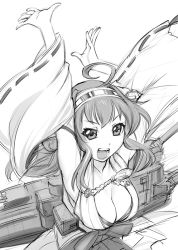 Rule 34 | 10s, 1girl, ahoge, arms up, breasts, cleavage, greyscale, hairband, japanese clothes, kantai collection, kongou (kancolle), large breasts, long hair, monochrome, open mouth, personification, smile, solo, ueyama michirou
