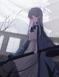 1girl absurdres blue_archive closed_mouth colored_eyelashes grey_eyes gun hair_ornament halo haori highres holding holding_gun holding_weapon japanese_clothes long_hair looking_at_viewer nagusa_(blue_archive) outdoors pleated_skirt rensy sailor_collar school_uniform serafuku skirt solo weapon white_hair