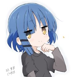 Rule 34 | 1girl, black shirt, blue hair, blush, bocchi the rock!, closed mouth, collarbone, core (mayomayo), dated, earrings, from side, grey shirt, hair ornament, hairclip, hand on own chin, highres, jewelry, layered shirt, long bangs, long sleeves, looking at viewer, mole, mole under eye, shirt, short hair, sidelocks, signature, simple background, smile, solo, stud earrings, upper body, white background, yamada ryo, yellow eyes
