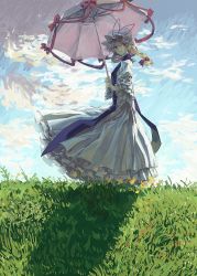Rule 34 | 1girl, absurdres, blonde hair, blue tabard, bow, cloud, cloudy sky, commentary, dress, fine art parody, frilled dress, frills, grasslands, hair bow, hat, highres, holding, holding umbrella, looking at viewer, medium hair, mob cap, parasol, parody, pink umbrella, puffy short sleeves, puffy sleeves, purple eyes, red bow, red ribbon, ribbon, short sleeves, sky, smile, solo, tabard, togeppoi, touhou, umbrella, white dress, woman with a parasol, yakumo yukari