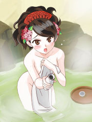Rule 34 | 1girl, alcohol, bottle, brown eyes, brown hair, choko (cup), comb, covering privates, cup, flower, hair flower, hair ornament, momohime, nude, nude cover, oboro muramasa, onsen, open mouth, partially submerged, sake, solo, standing, steam, submerged, tokino, tokinochaya, tokkuri, towel, tray, wading, water