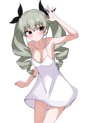 Rule 34 | 1girl, absurdres, anchovy (girls und panzer), black ribbon, blush, breasts, cleavage, closed mouth, commentary, cowboy shot, dress, drill hair, frown, girls und panzer, green hair, hair ribbon, highres, leaning forward, long hair, looking at viewer, medium breasts, motti (motthi0711), red eyes, ribbon, short dress, simple background, sleeveless, sleeveless dress, solo, spaghetti strap, standing, sundress, sweatdrop, twin drills, twintails, white background, white dress