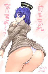 Rule 34 | 1girl, alternate costume, ariga tou, ass, blush, finger to mouth, halo, kantai collection, looking at viewer, looking back, mechanical halo, panties, purple eyes, purple hair, ribbed sweater, short hair, solo, sweater, tatsuta (kancolle), translation request, underwear
