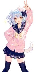 Rule 34 | 1boy, :d, blue hair, blue skirt, blue thighhighs, blush, bow, brown eyes, cardigan, chocoan, fang, hair bow, hand on own hip, highres, inuyama tamaki, light blue hair, noripro, open mouth, pink cardigan, pleated skirt, school uniform, serafuku, simple background, skin fang, skirt, smile, solo, sparkle, tail, thighhighs, trap, two side up, v, virtual youtuber, white background, zettai ryouiki