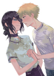 Rule 34 | 1boy, 1girl, black choker, black hair, black shorts, blonde hair, blush, chainsaw man, choker, closed mouth, collared shirt, denji (chainsaw man), eyebrows, green eyes, hair between eyes, hair over one eye, holding hands, head tilt, highres, holding, jiazisang, looking at another, medium hair, one eye covered, open mouth, reze (chainsaw man), shirt, short hair, short sleeves, shorts, signature, simple background, smile, upper body, white background, white shirt