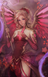 Rule 34 | 1girl, abstract background, absurdres, adapted costume, armor, blonde hair, blue eyes, bodysuit, breasts, bridal gauntlets, commentary, cowboy shot, curly hair, faulds, flower, glowing, glowing wings, hair flower, hair ornament, halo, hand on own chest, heart, high ponytail, highres, holding, jpeg artifacts, light smile, looking at viewer, making-of available, matilda fiship, mechanical halo, mechanical wings, mercy (overwatch), nail polish, overwatch, overwatch 1, pelvic curtain, pink background, pink wings, red nails, small breasts, solo, spread wings, staff, star (symbol), wings
