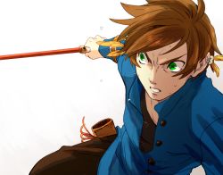 Rule 34 | 10s, 1boy, angry, bad id, bad pixiv id, blue shirt, brown hair, buttons, earrings, feather earrings, feathers, flying sweatdrops, gradient background, green eyes, hair ornament, holding, holding weapon, jewelry, male focus, pants, shirt, short hair, simple background, solo, sorey (tales), sweatdrop, sword, tales of (series), tales of zestiria, tasasakiamagu, undershirt, upper body, weapon, white background