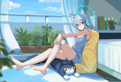 1girl alternate_costume animal_ear_fluff animal_ears armpit_crease artist_name bare_legs barefoot bean_bag_chair bedroom blue_archive blue_eyes blue_halo book breasts bright_pupils carpet cat-shaped_pillow cleavage closed_mouth cloud cloudy_sky commentary_request curtains day doku-doku expressionless extra_ears feet full_body grey_hair halo hands_on_own_knees headphones highres holding holding_phone indoors looking_at_viewer military_vehicle mismatched_pupils motor_vehicle phone plant potted_plant railing shiroko_(blue_archive) shorts sitting sky small_breasts soles solo tank toes white_pupils wolf_ears