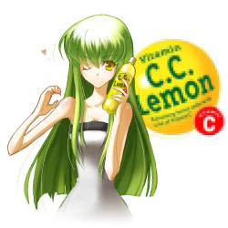 Rule 34 | 1girl, bad id, bad pixiv id, c.c., c.c. lemon, censored, code geass, fake censor, female focus, green hair, heart, highres, long hair, name connection, one eye closed, parody, product placement, s-yin, solo, white background, wink, yellow eyes