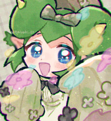 Rule 34 | 1girl, black ribbon, blue eyes, blush, bow, brown background, brown headwear, chromatic aberration, doradorakingyo, double bun, flower, flower bed lidelle, green bow, hair bun, horns, lidelle (puyopuyo), lowres, open mouth, pointy ears, puyopuyo, puyopuyo fever, puyopuyo quest, ribbon, sleeves past fingers, sleeves past wrists, solo, yellow horns