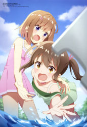 Rule 34 | 2girls, :o, absurdres, blue sky, brown hair, cloud, collarbone, day, falling, green one-piece swimsuit, hair ornament, hair ribbon, hairclip, highres, long hair, looking at viewer, lorea (shinmai renkinjutsushi), megami magazine, miki mai, multiple girls, official art, one-piece swimsuit, open mouth, outdoors, outstretched arm, pink one-piece swimsuit, purple eyes, ribbon, sarasa feed, scan, shinmai renkinjutsushi no tenpo keiei, short hair, sidelocks, sky, swimsuit, wading, wet