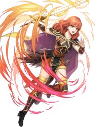 Rule 34 | 1girl, attack, black footwear, boots, breasts, cape, celica (fire emblem), celica (warrior princess) (fire emblem), celica (warrior princess) (resplendent) (fire emblem), fire emblem, fire emblem echoes: shadows of valentia, fire emblem heroes, glowing, glowing weapon, highres, holding, holding sword, holding weapon, medium breasts, medium hair, nintendo, non-web source, official alternate costume, official art, open mouth, pelvic curtain, red eyes, red hair, running, shoulder pads, solo, sword, thigh boots, wavy hair, weapon, yellow cape