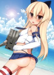 Rule 34 | 10s, 1girl, :3, animal ears, ass, beach, blonde hair, blue skirt, blush, brown eyes, cat ears, elbow gloves, gloves, highres, kantai collection, kemonomimi mode, long hair, looking at viewer, ocean, rensouhou-chan, shimakaze (kancolle), skirt, striped clothes, striped thighhighs, thighhighs, thong, white gloves, zack (haiuinndo)