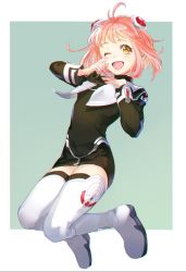 Rule 34 | 1girl, ahoge, black dress, bomssp, boots, brown eyes, chromatic aberration, commentary request, dress, hair ornament, hand on own chest, hand on own face, legs up, m.o.m.o., one eye closed, open mouth, outside border, pink hair, short dress, short hair, smile, solo, thigh boots, thighhighs, white thighhighs, xenosaga