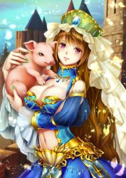 Rule 34 | 1girl, animal, blue collar, blue dress, blue sky, breasts, brown hair, castle, cleavage, clothing cutout, collar, day, dress, gem, green hat, green nails, hand up, hat, highres, holding, holding animal, koizumi (sucseed), large breasts, long hair, nail polish, navel, official art, outdoors, parted lips, pig, sky, standing, stomach cutout, very long hair