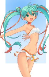 Rule 34 | 1girl, :d, absurdres, antenna hair, aqua eyes, aqua hair, artist name, artist request, bikini, bikini skirt, bikini top only, blue background, bra, breasts, choker, collarbone, gradient background, hair between eyes, hatsune miku, headphones, highres, long hair, looking at viewer, multicolored hair, navel, open mouth, orange hair, shiny skin, simple background, small breasts, smile, solo, source request, strapless, strapless bra, swimsuit, teeth, twintails, two-tone background, two-tone hair, underwear, very long hair, vocaloid, white background