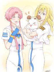 Rule 34 | 2girls, alicia florence, andanden, aria (manga), aria company uniform, aria pokoteng, blonde hair, blue bow, blue bowtie, blush, bow, bowtie, cat, closed eyes, cowboy shot, dress, gold bracelet, hair tubes, hands up, highres, holding, long hair, mizunashi akari, multiple girls, open mouth, own hands together, parted bangs, pink hair, purple eyes, short hair with long locks, sidelocks, signature, tan background, teeth, upper teeth only, white dress