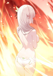 Rule 34 | 1girl, ass, breasts, commentary, cowboy shot, fire, firefly (honkai: star rail), highres, honkai: star rail, honkai (series), large breasts, long hair, panties, solo, standing, thighs, topless, underwear, white hair, white panties, xion32